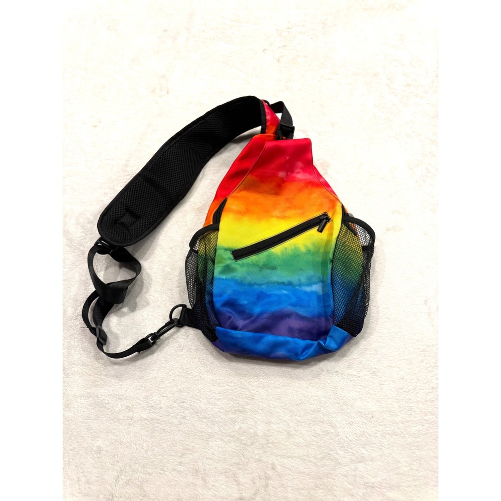 Rainbow Tie Dye Sling Bag Crossbody Backpack Festival Travel Mesh Pockets 15in